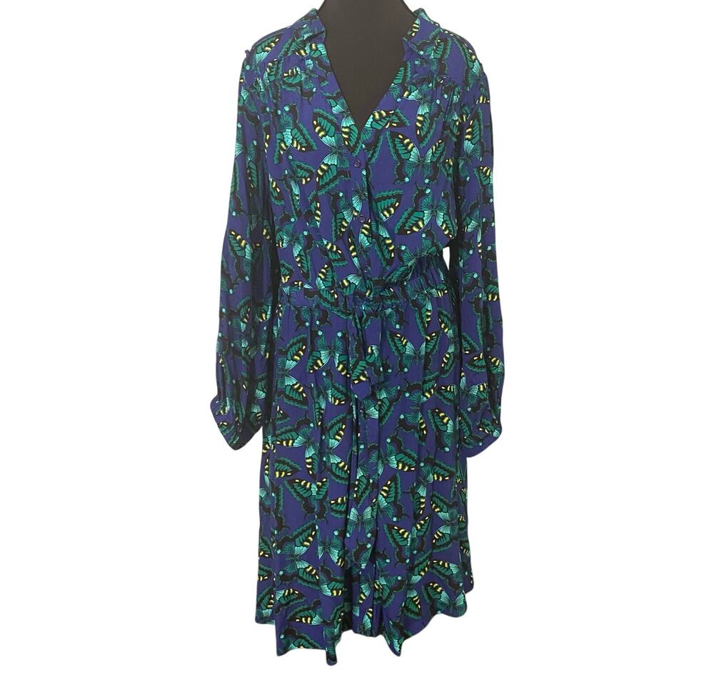 Maeve Anthropologie Pippa Butterfly Print Shirtdress Blue Green Plus 2X